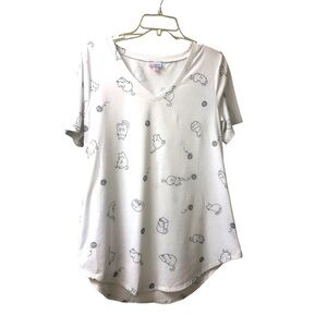 Cat Lover LuLaRoe Tee Comfy V-Neck Short Sleeved Hi-Lo Hem Casual White/Black S